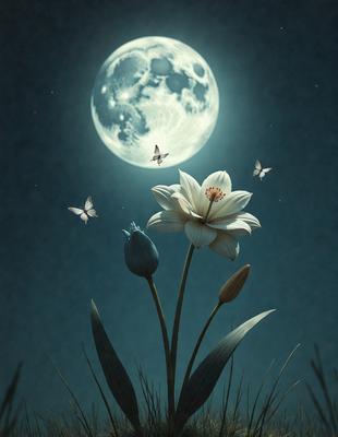 The primary subject of the image is a white flower with a blue center, surrounded by a few butterflies. The setting is a nighttime scene with a moon in the background, creating a serene and peaceful atmosphere. The visual style is a digital art or illustration, with the flower and butterflies depicted in a realistic manner. The colors and mood of the image are predominantly blue and white, with the moon adding a touch of warmth to the scene.